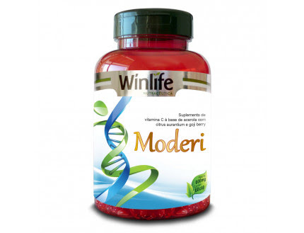 Moderi, suplemento de vitamina C da Winlife: pote com tampa preta e rótulo com hélice de DNA
